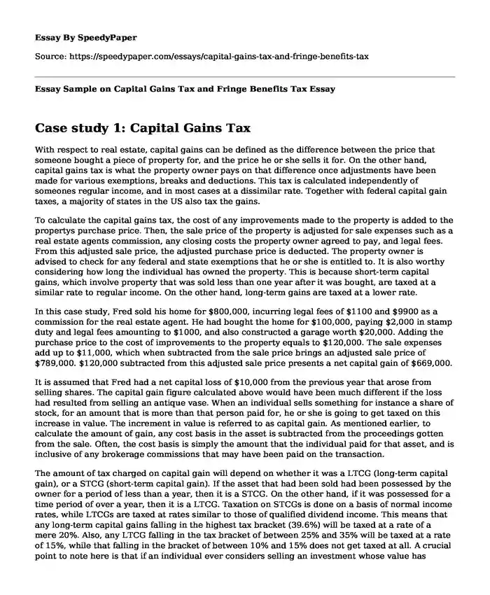 Essay Sample on Capital Gains Tax and Fringe Benefits Tax