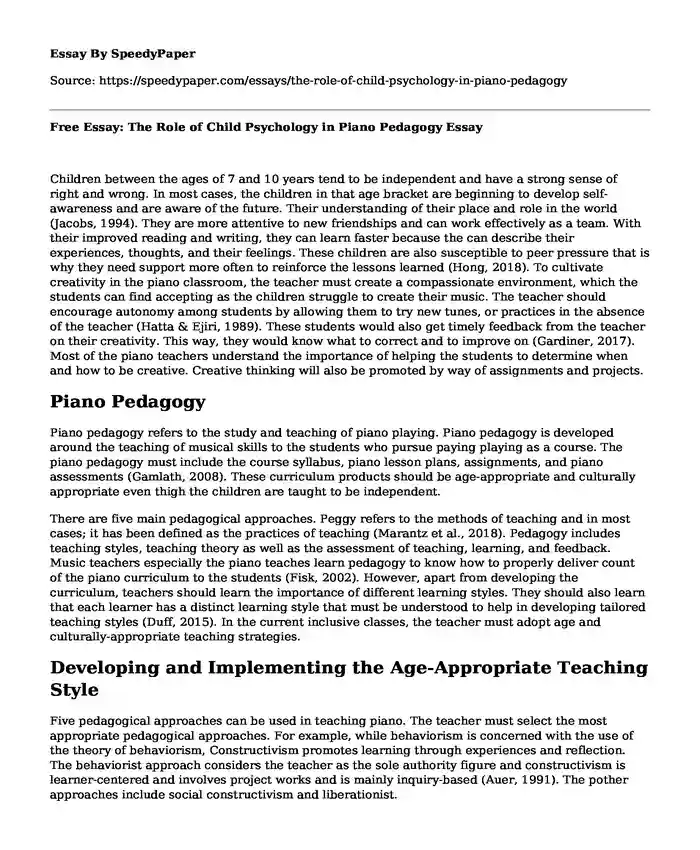 Free Essay: The Role of Child Psychology in Piano Pedagogy