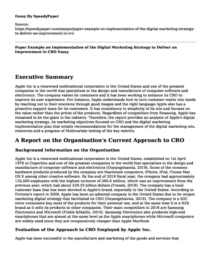 Paper Example on Implementation of the Digital Marketing Strategy to Deliver an Improvement in CRO