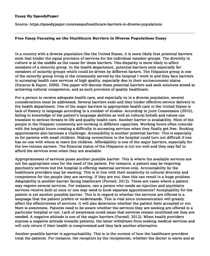 Free Essay Focusing on the Healthcare Barriers in Diverse Populations