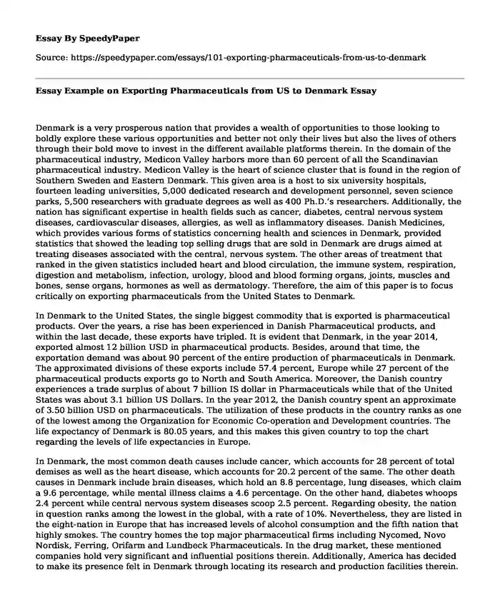 Essay Example on Exporting Pharmaceuticals from US to Denmark