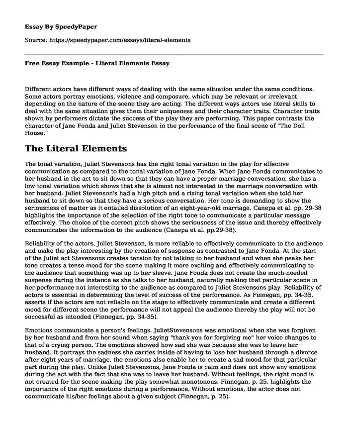 Free Essay Example - Literal Elements