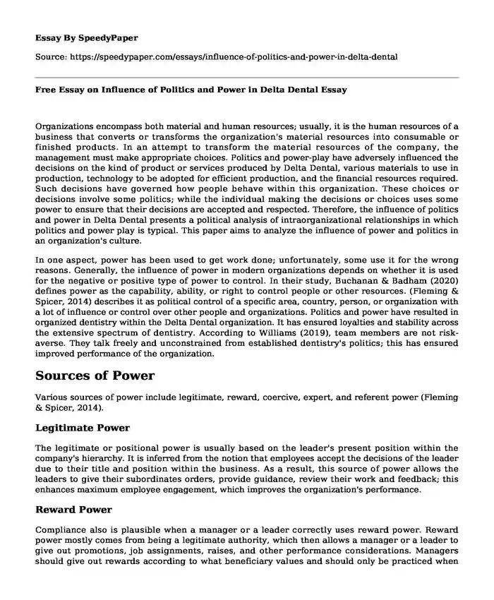 Free Essay on Influence of Politics and Power in Delta Dental