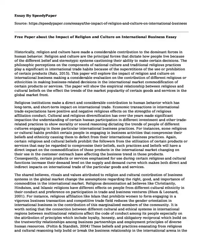 Free Paper about the Impact of Religion and Culture on International Business