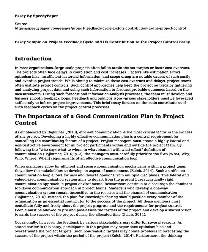 Essay Sample on Project Feedback Cycle and Its Contribution to the Project Control 