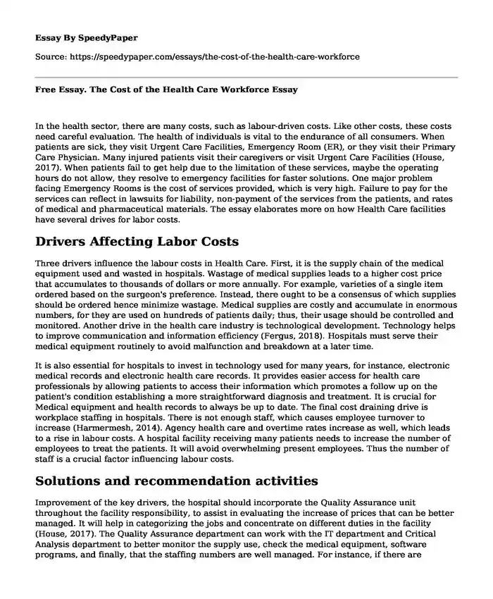 Free Essay. The Cost of the Health Care Workforce