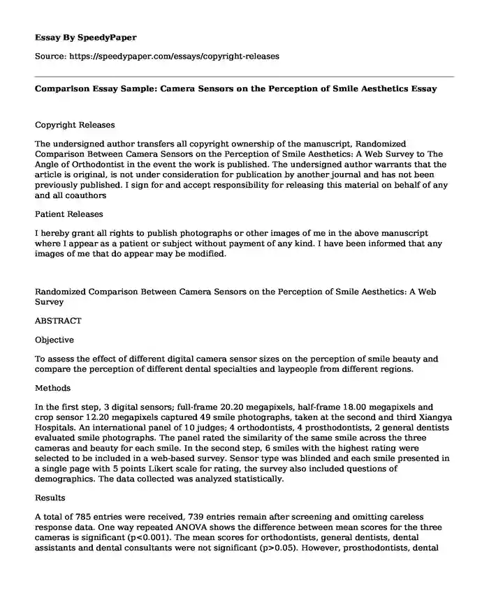 Comparison Essay Sample: Camera Sensors on the Perception of Smile Aesthetics