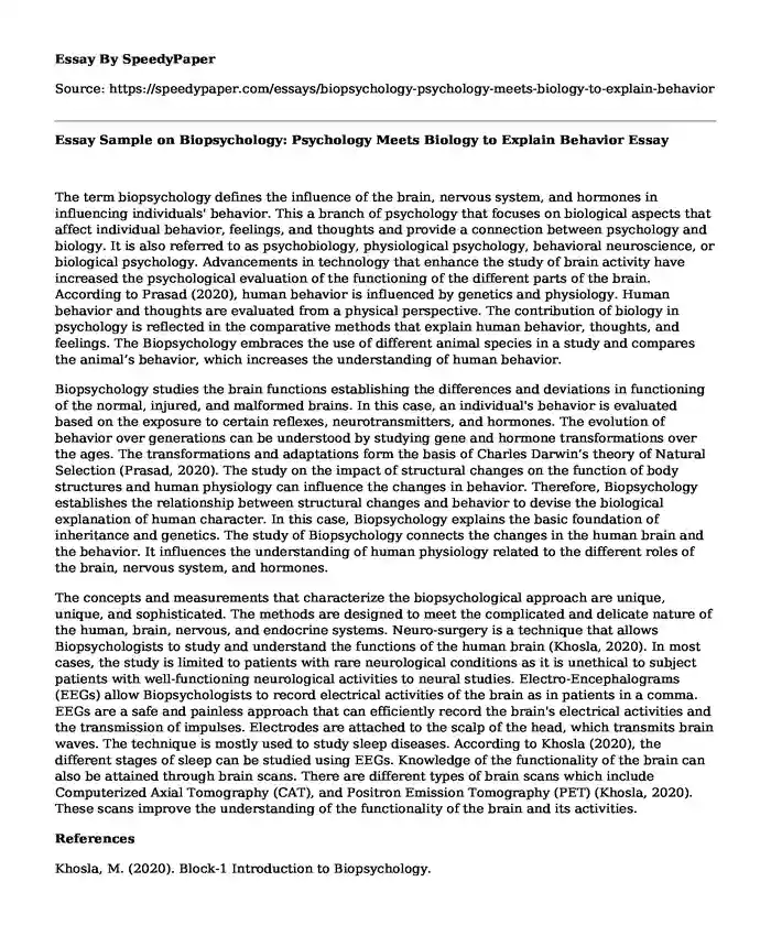Essay Sample on Biopsychology: Psychology Meets Biology to Explain Behavior