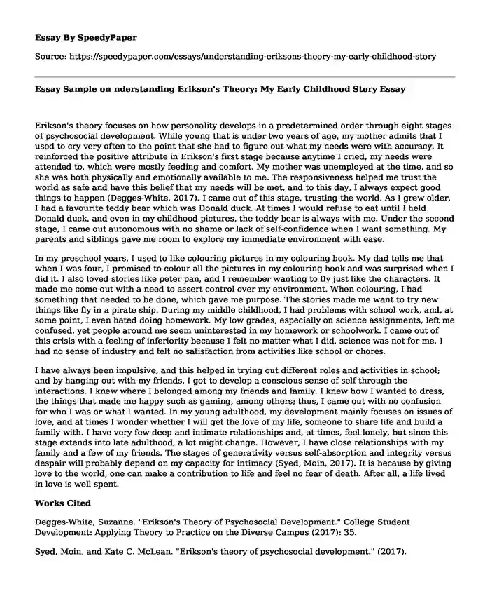 Essay Sample on nderstanding Erikson's Theory: My Early Childhood Story