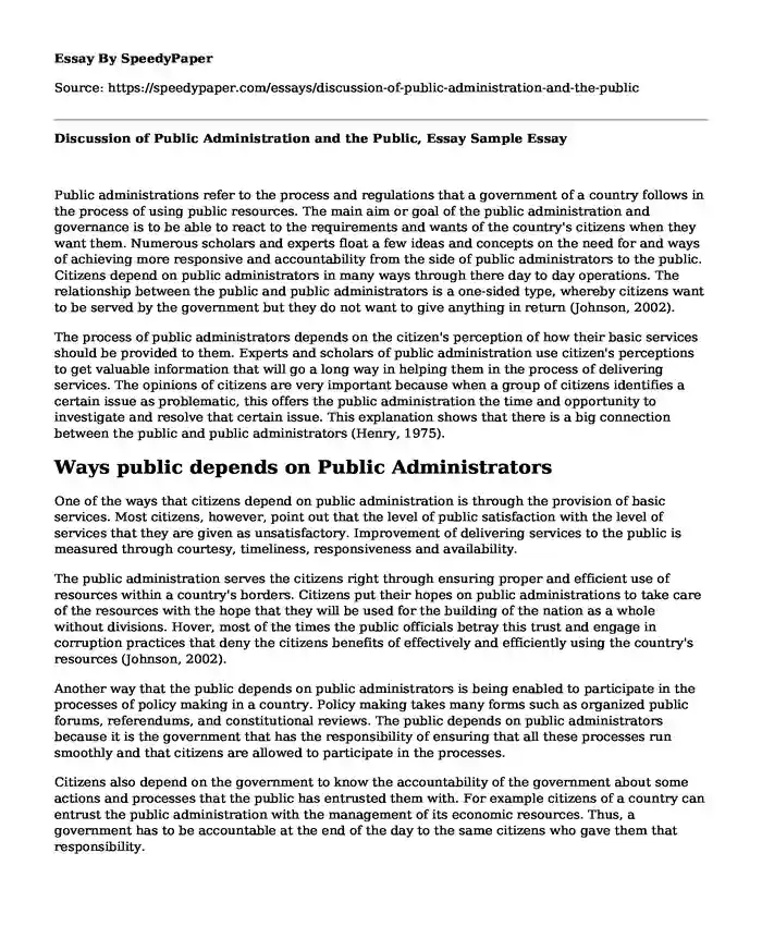 Discussion of Public Administration and the Public, Essay Sample