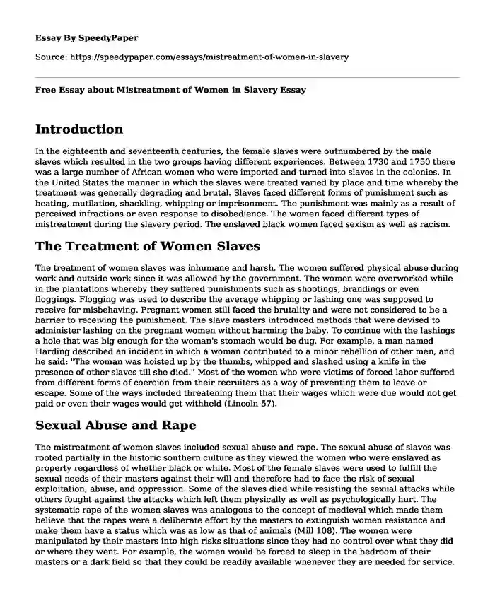 Free Essay about Mistreatment of Women in Slavery