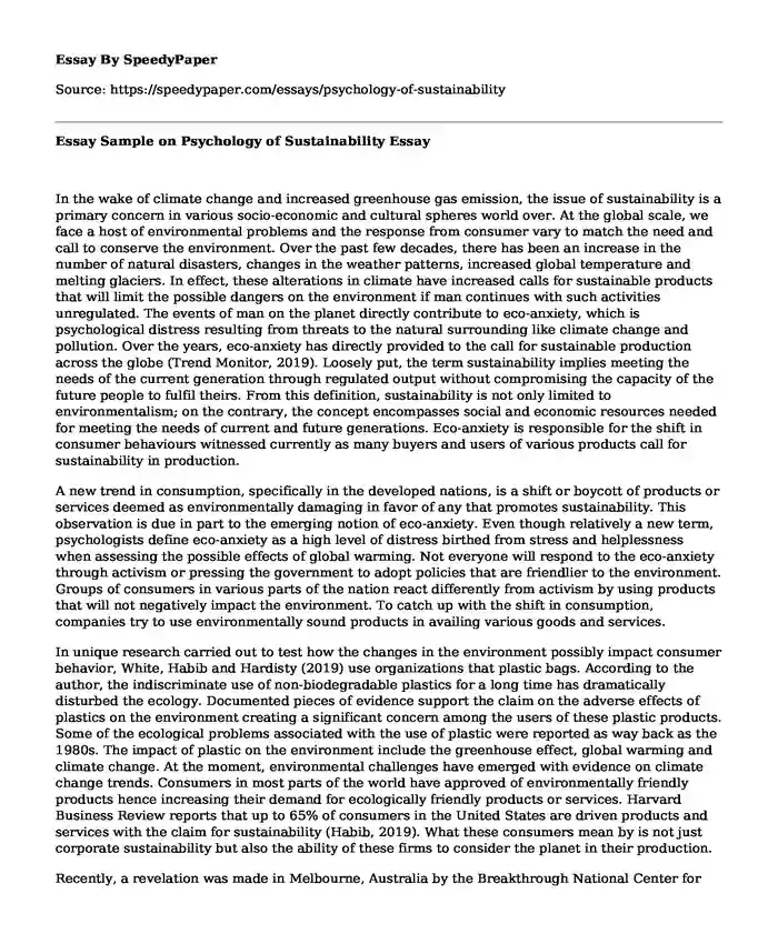 Essay Sample on Psychology of Sustainability