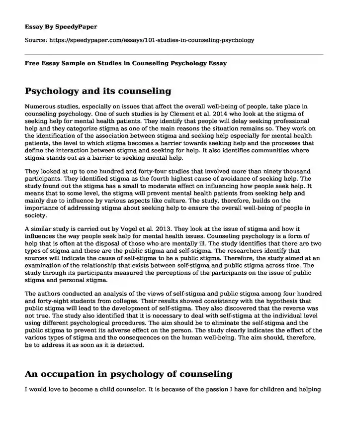 Free Essay Sample on Studies in Counseling Psychology