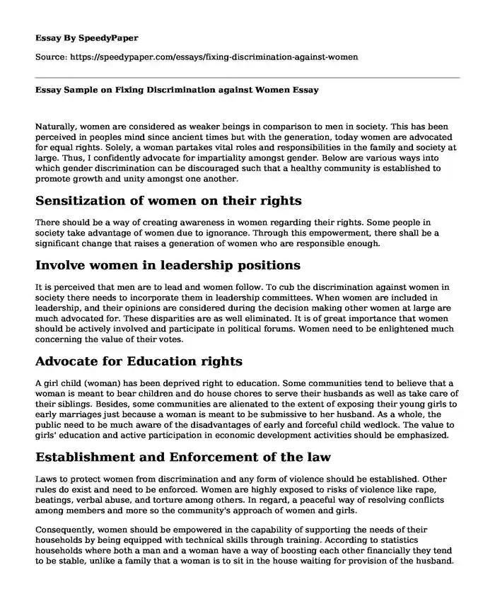Essay Sample on Fixing Discrimination against Women