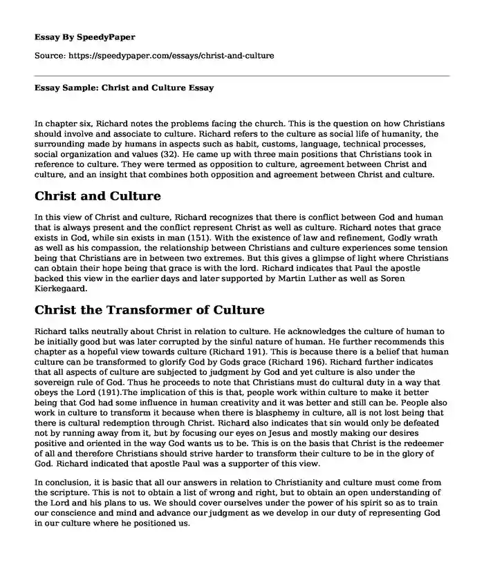 Essay Sample: Christ and Culture