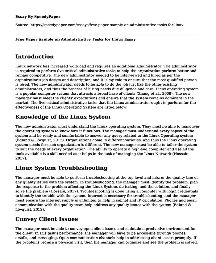 Free Paper Sample on Administrative Tasks for Linux