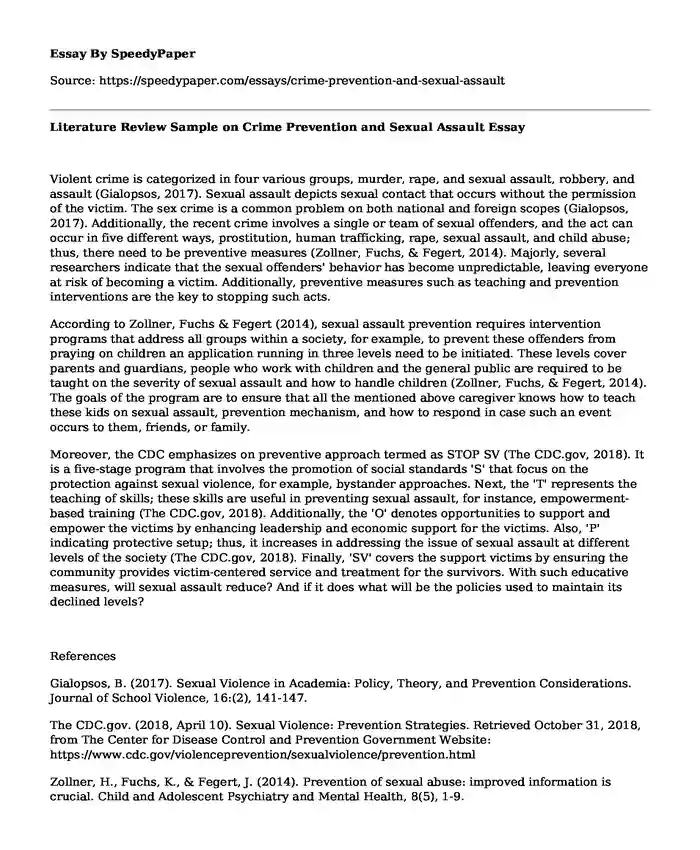 Literature Review Sample on Crime Prevention and Sexual Assault