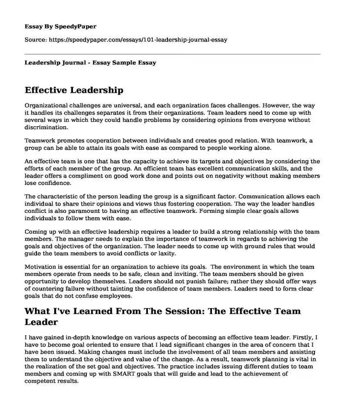 Leadership Journal - Essay Sample
