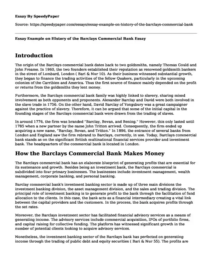 Essay Example on History of the Barclays Commercial Bank