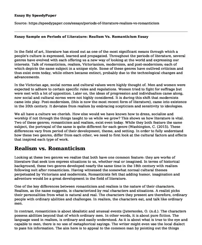 Essay Sample on Periods of Literature: Realism Vs. Romanticism