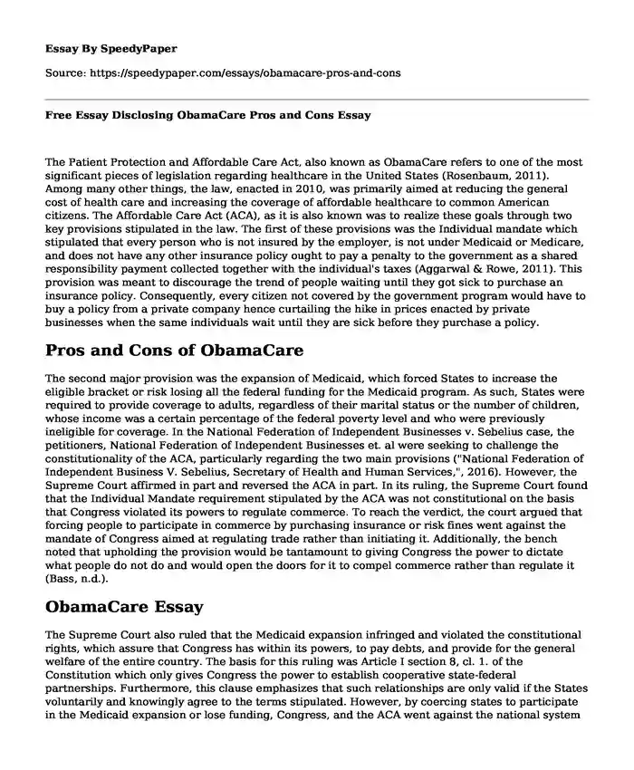 Free Essay Disclosing ObamaCare Pros and Cons