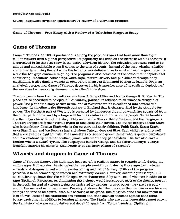 Game of Thrones - Free Essay with a Review of a Television Program