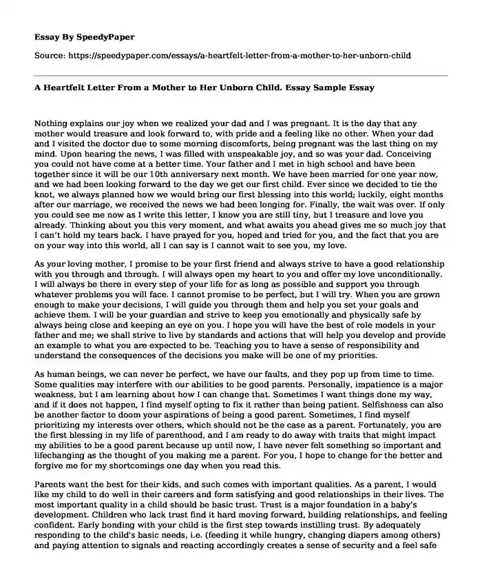 A Heartfelt Letter From a Mother to Her Unborn Child. Essay Sample
