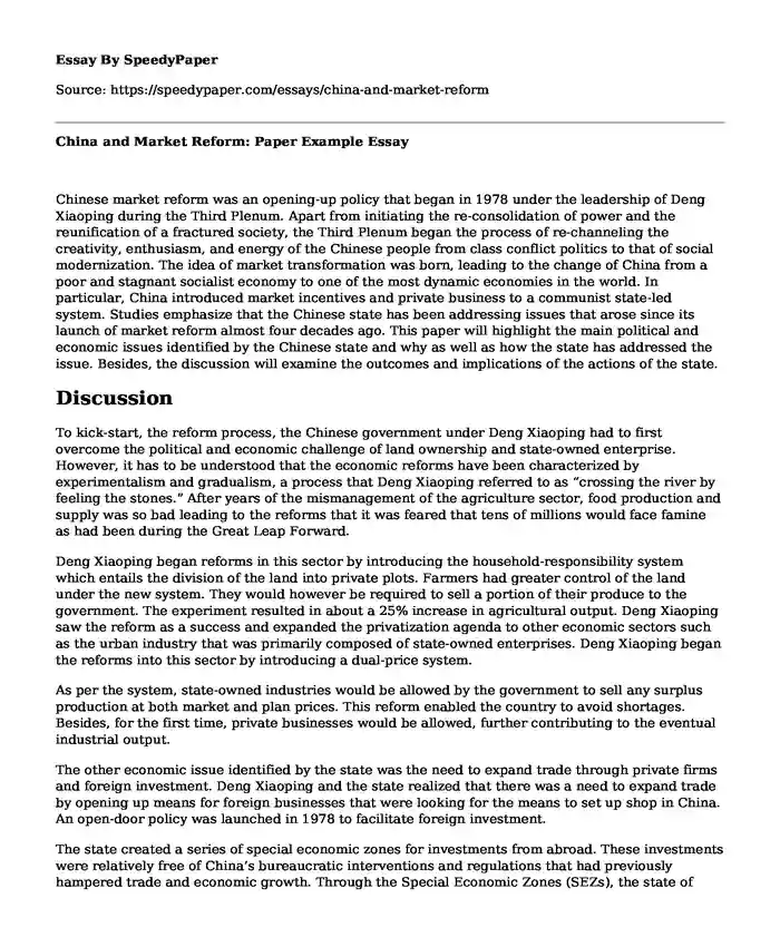 China and Market Reform: Paper Example
