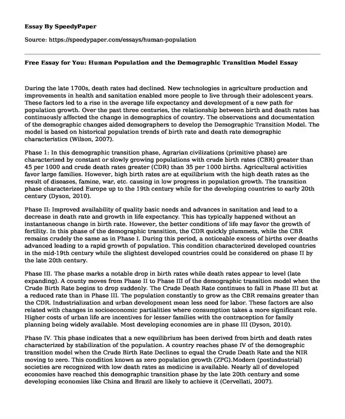 Free Essay for You: Human Population and the Demographic Transition Model