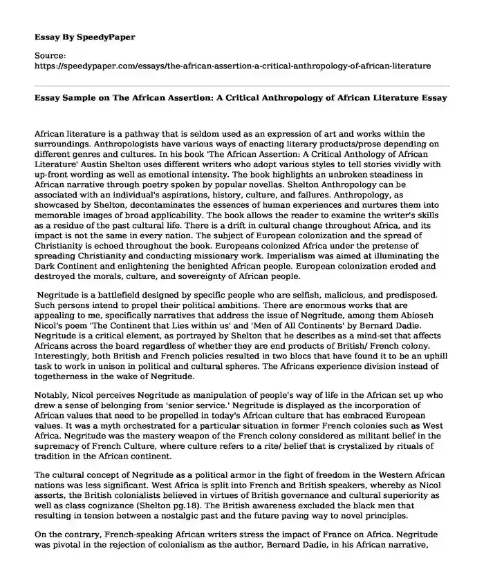 📚 Essay Sample on The African Assertion: A Critical Anthropology of ...