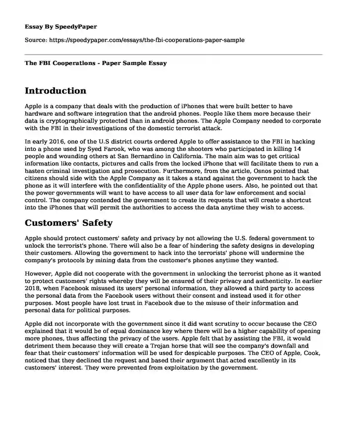 The FBI Cooperations - Paper Sample