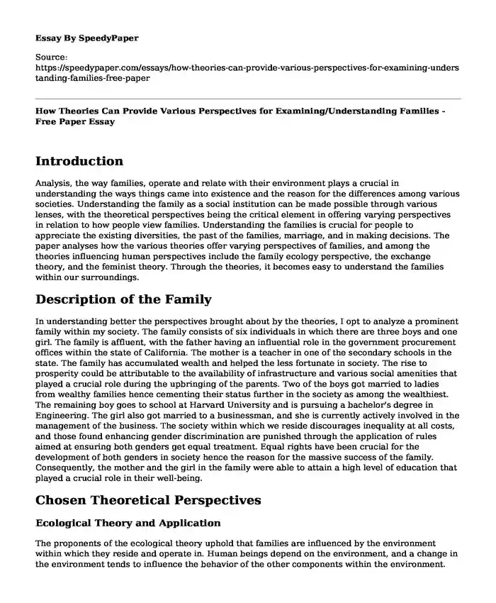 How Theories Can Provide Various Perspectives for Examining/Understanding Families - Free Paper