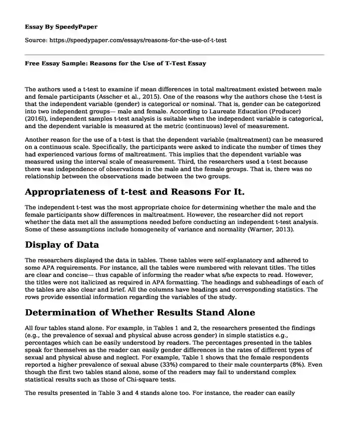 Free Essay Sample: Reasons for the Use of T-Test