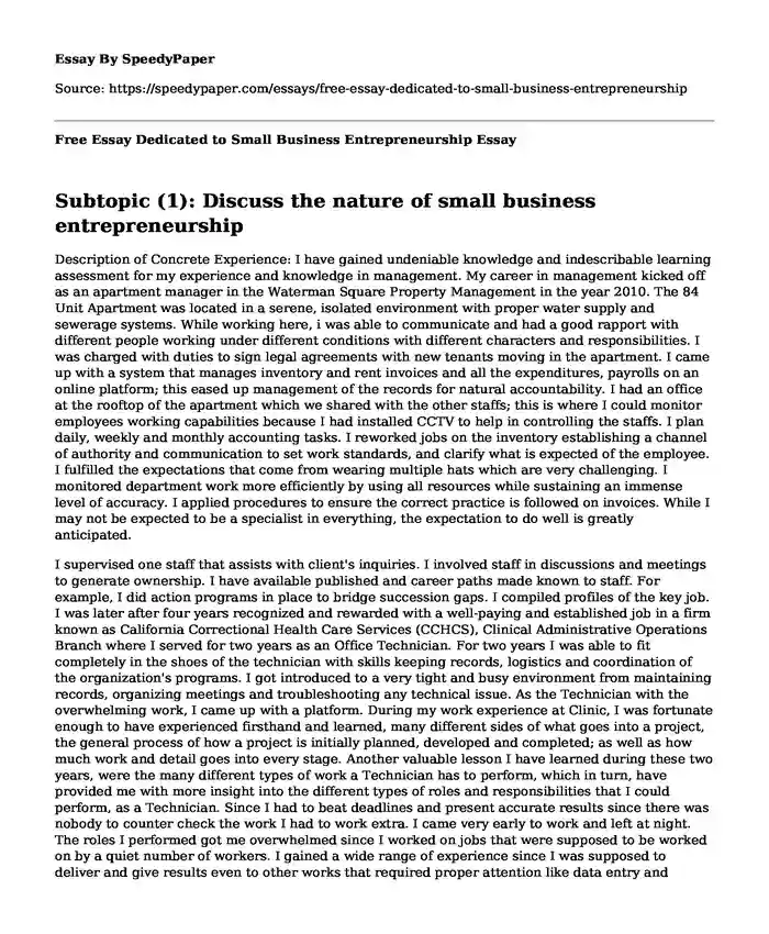 Free Essay Dedicated to Small Business Entrepreneurship