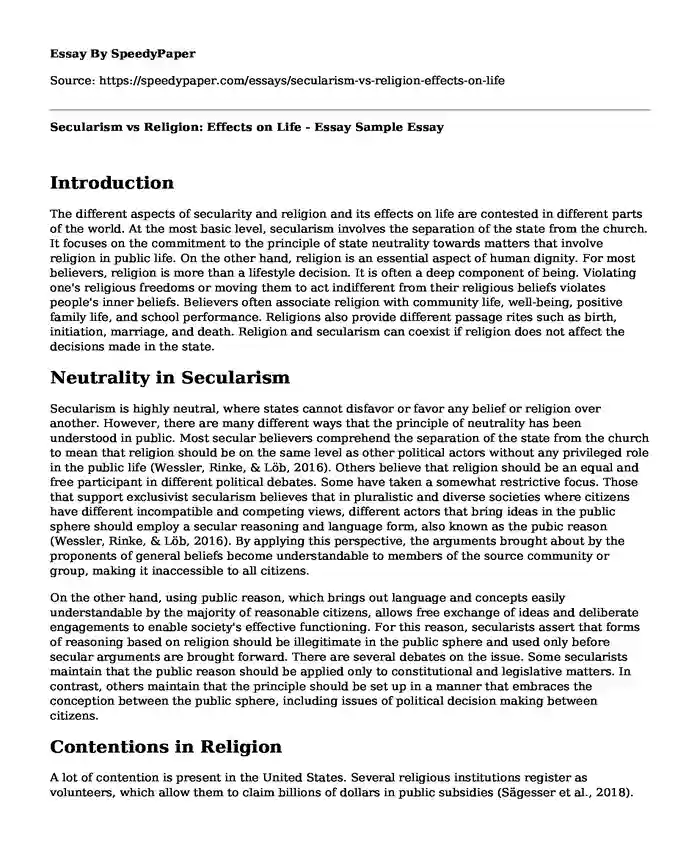 Secularism vs Religion: Effects on Life - Essay Sample