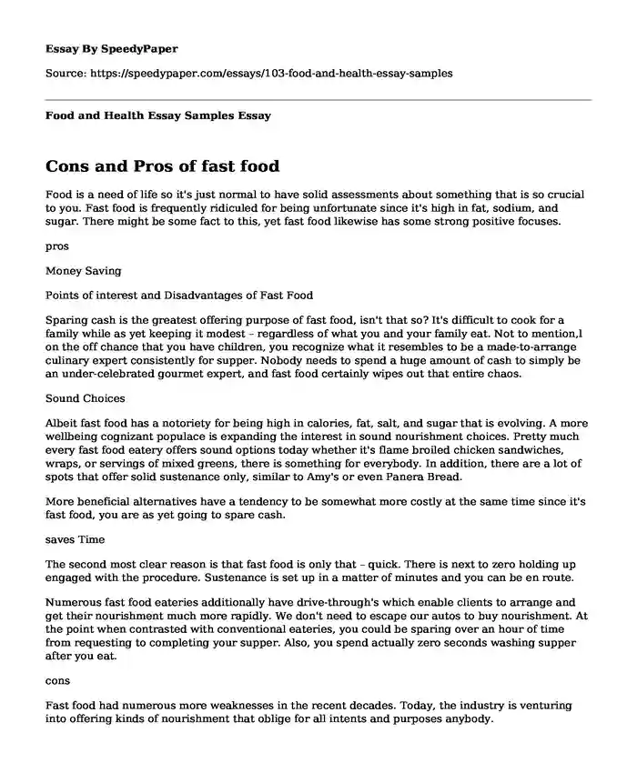 Food and Health Essay Samples