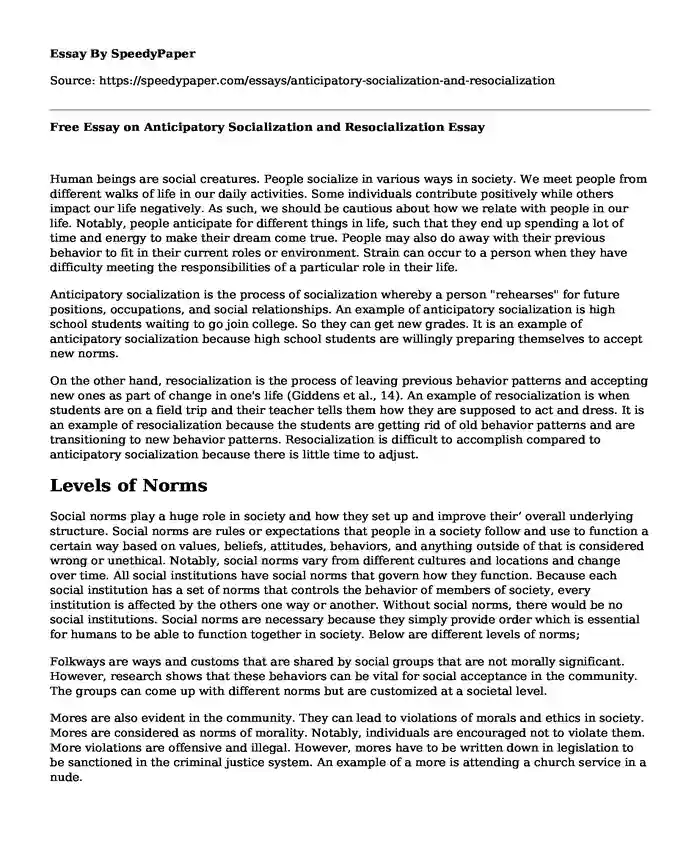 Free Essay on Anticipatory Socialization and Resocialization