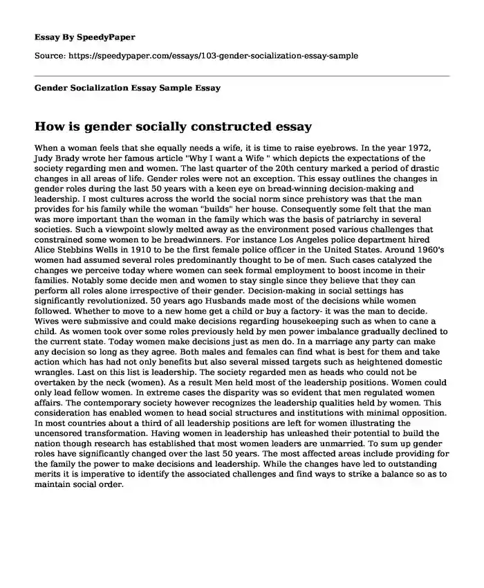 Gender Socialization Essay Sample