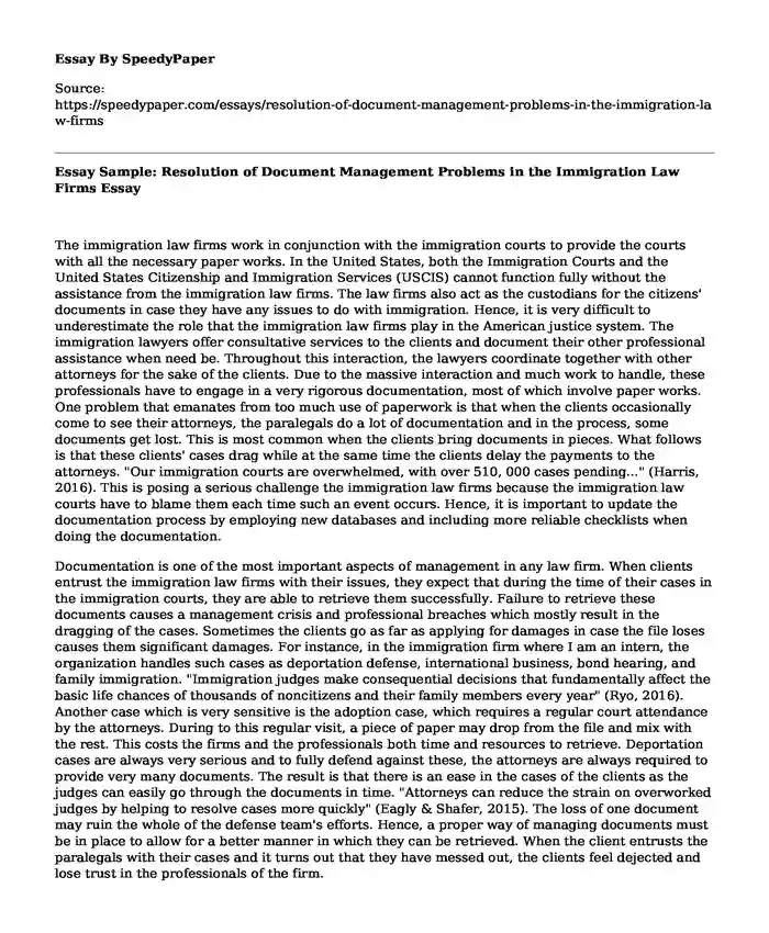 Essay Sample: Resolution of Document Management Problems in the Immigration Law Firms
