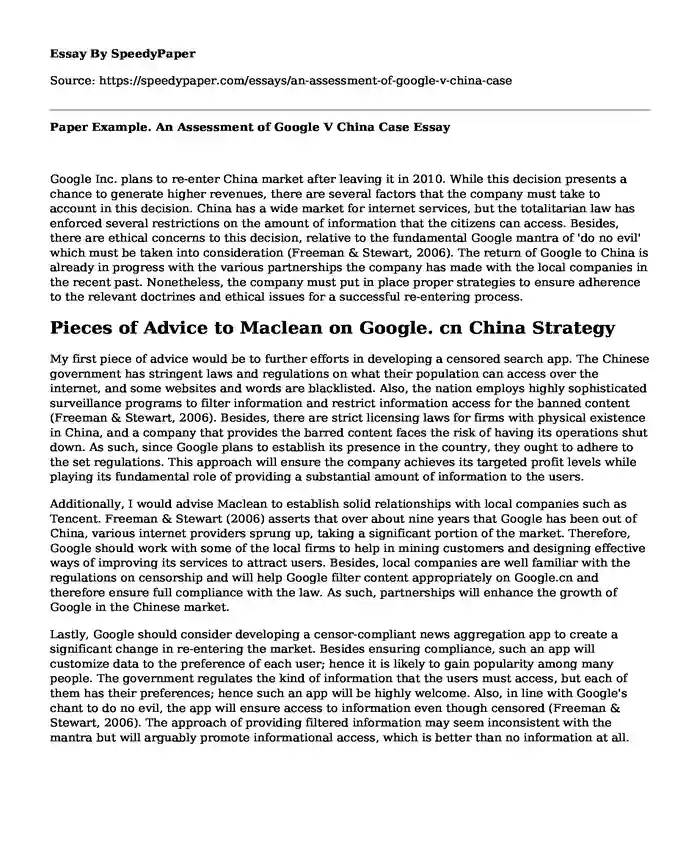 Paper Example. An Assessment of Google V China Case