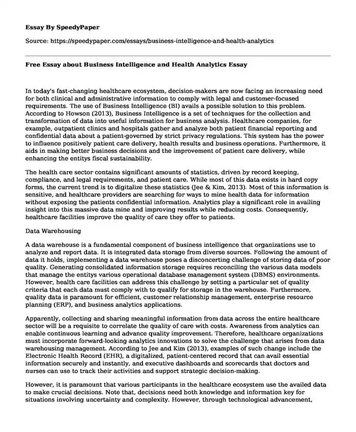 Free Essay about Business Intelligence and Health Analytics