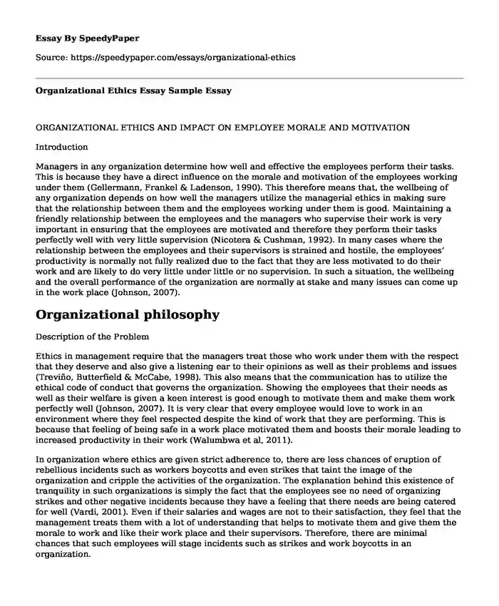 Organizational Ethics Essay Sample