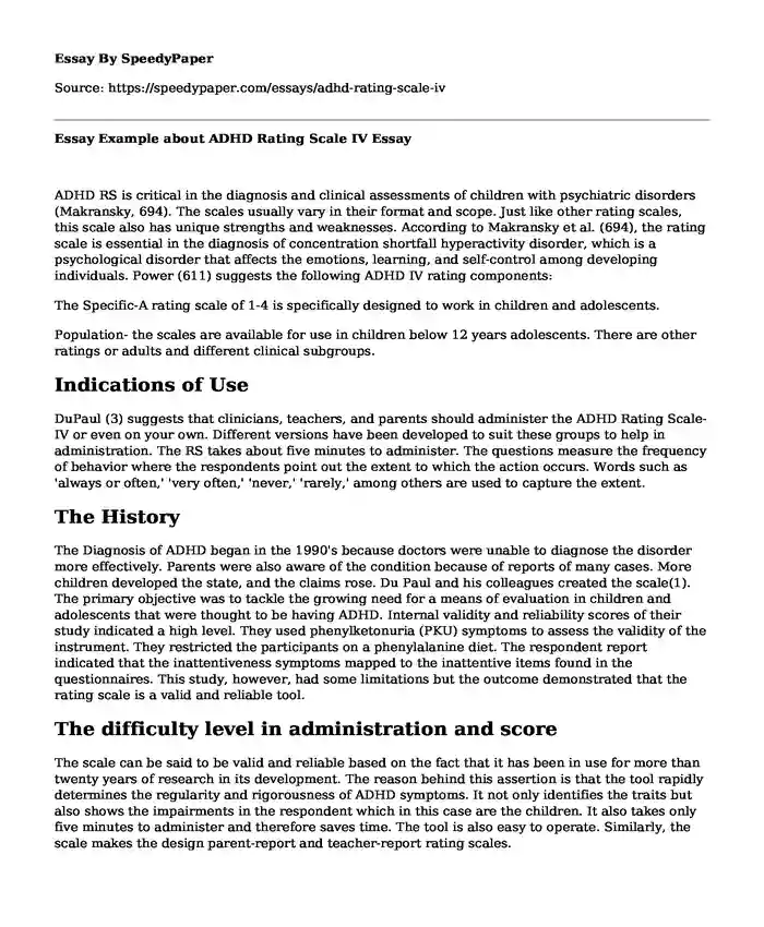 Essay Example about ADHD Rating Scale IV