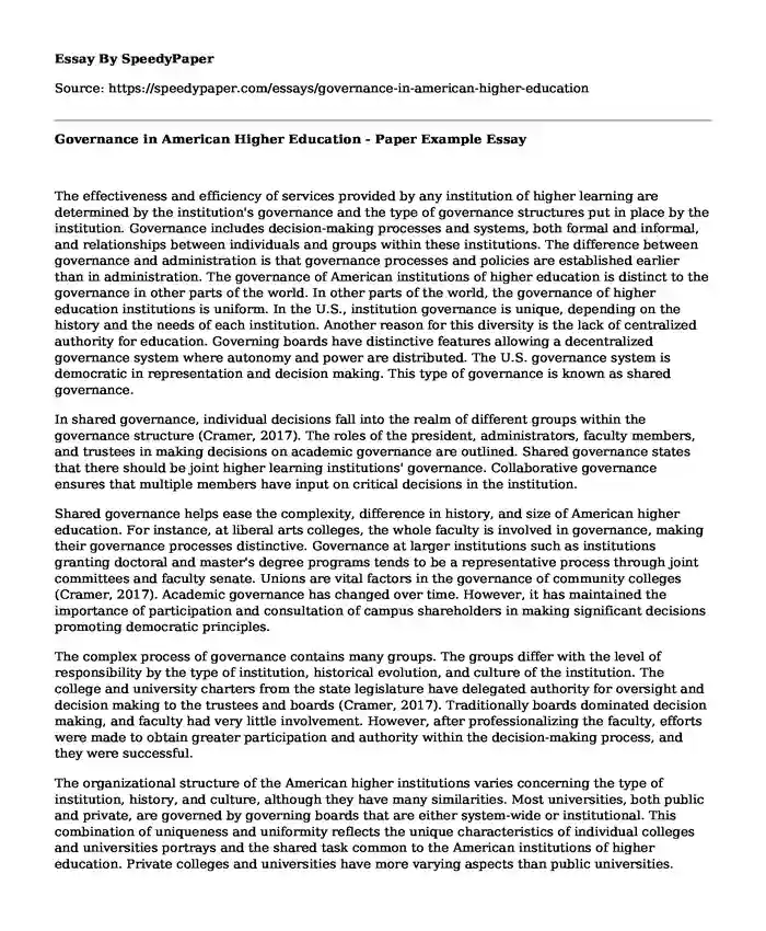 Governance in American Higher Education - Paper Example
