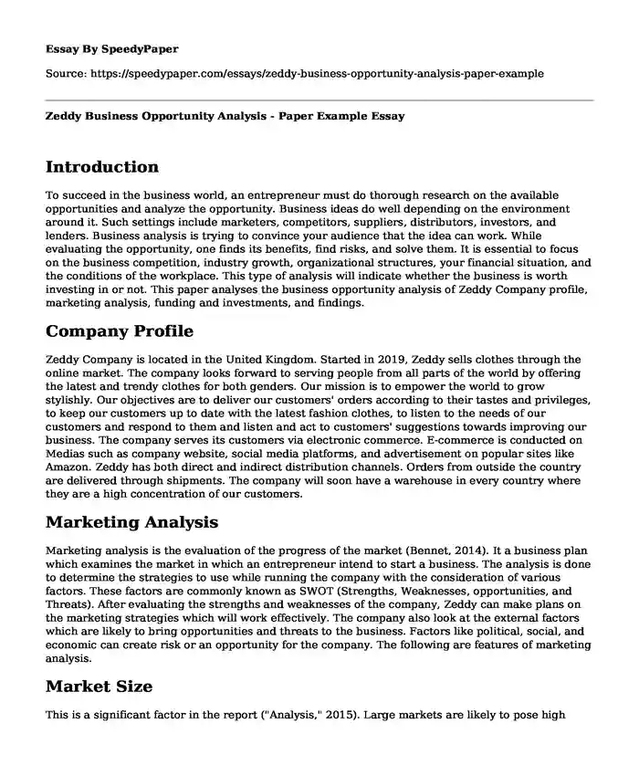 Zeddy Business Opportunity Analysis - Paper Example