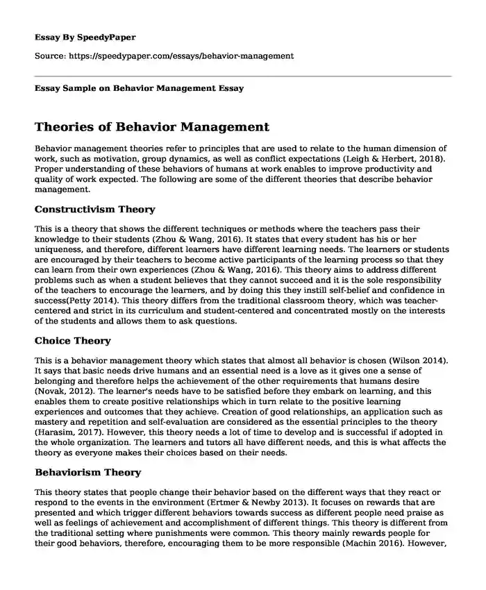 Essay Sample on Behavior Management 