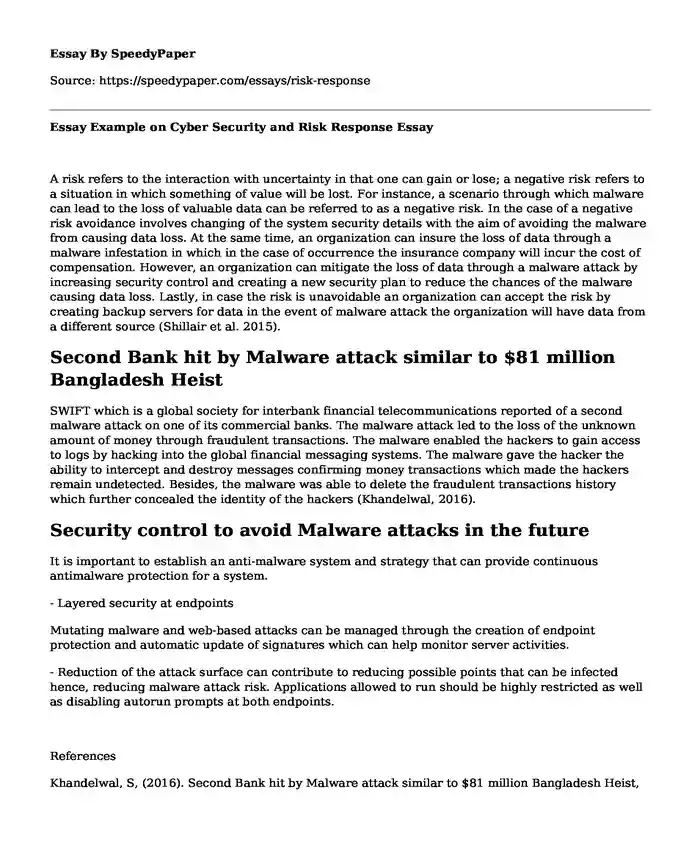 Essay Example on Cyber Security and Risk Response