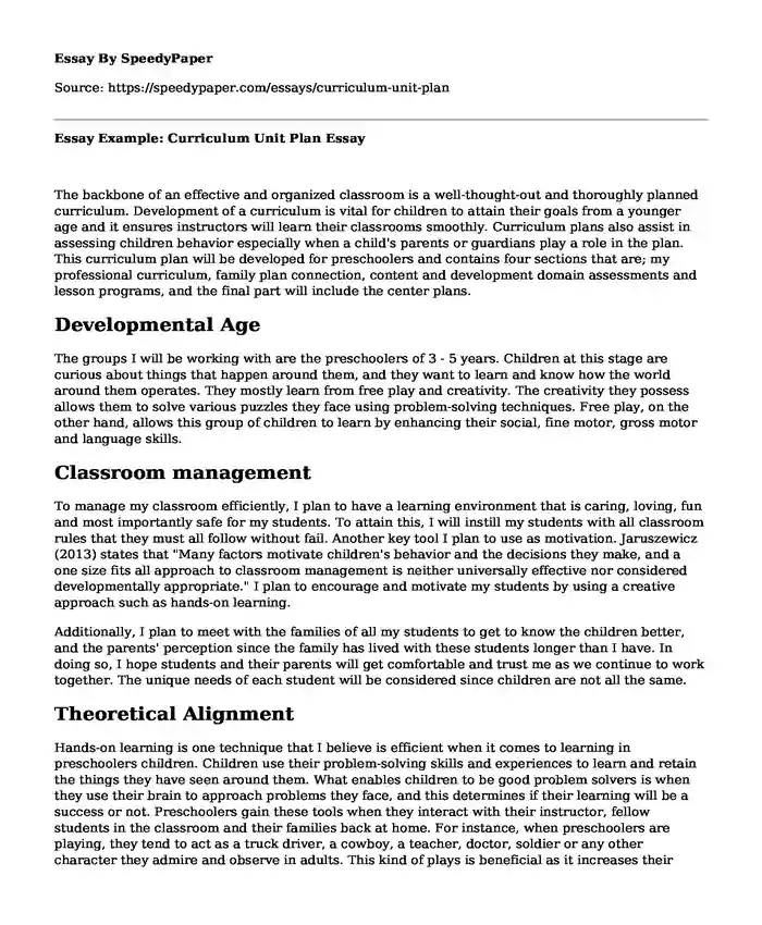 Essay Example: Curriculum Unit Plan