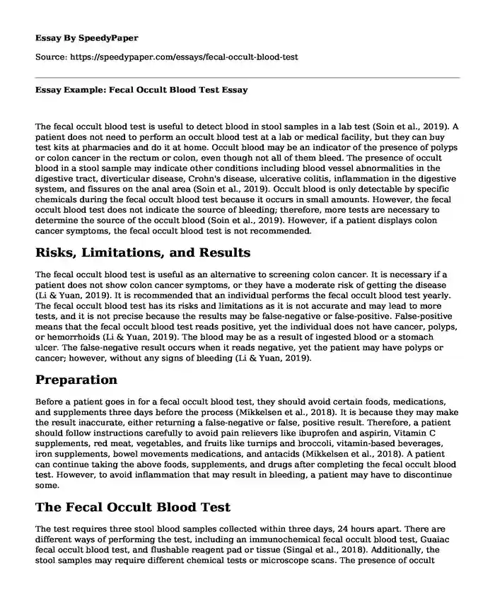 Essay Example: Fecal Occult Blood Test