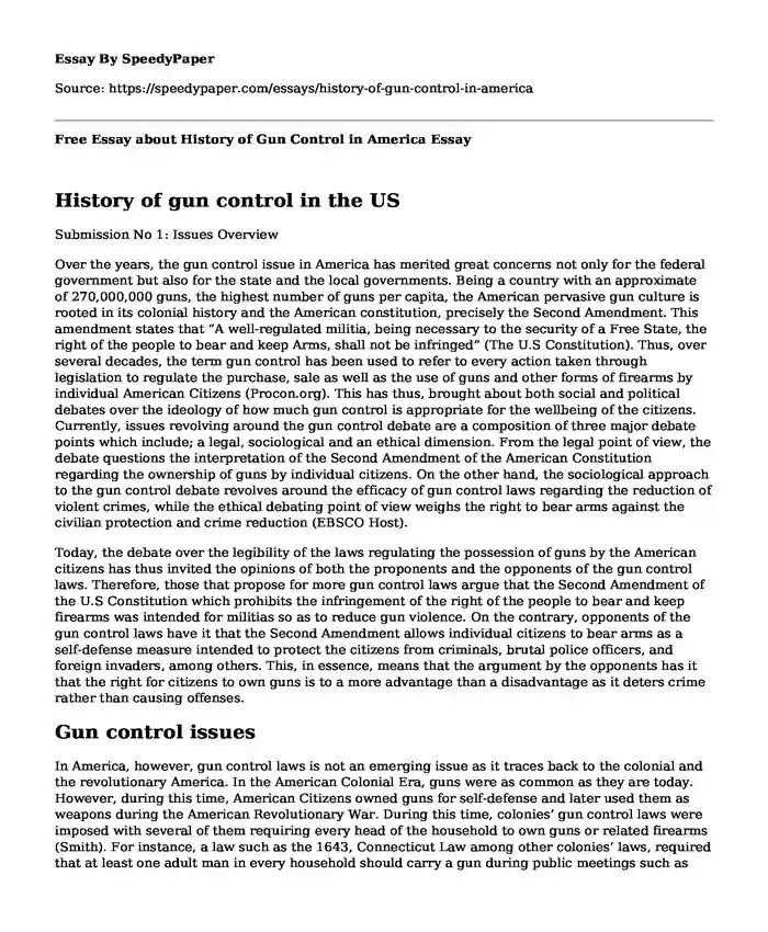 Free Essay about History of Gun Control in America
